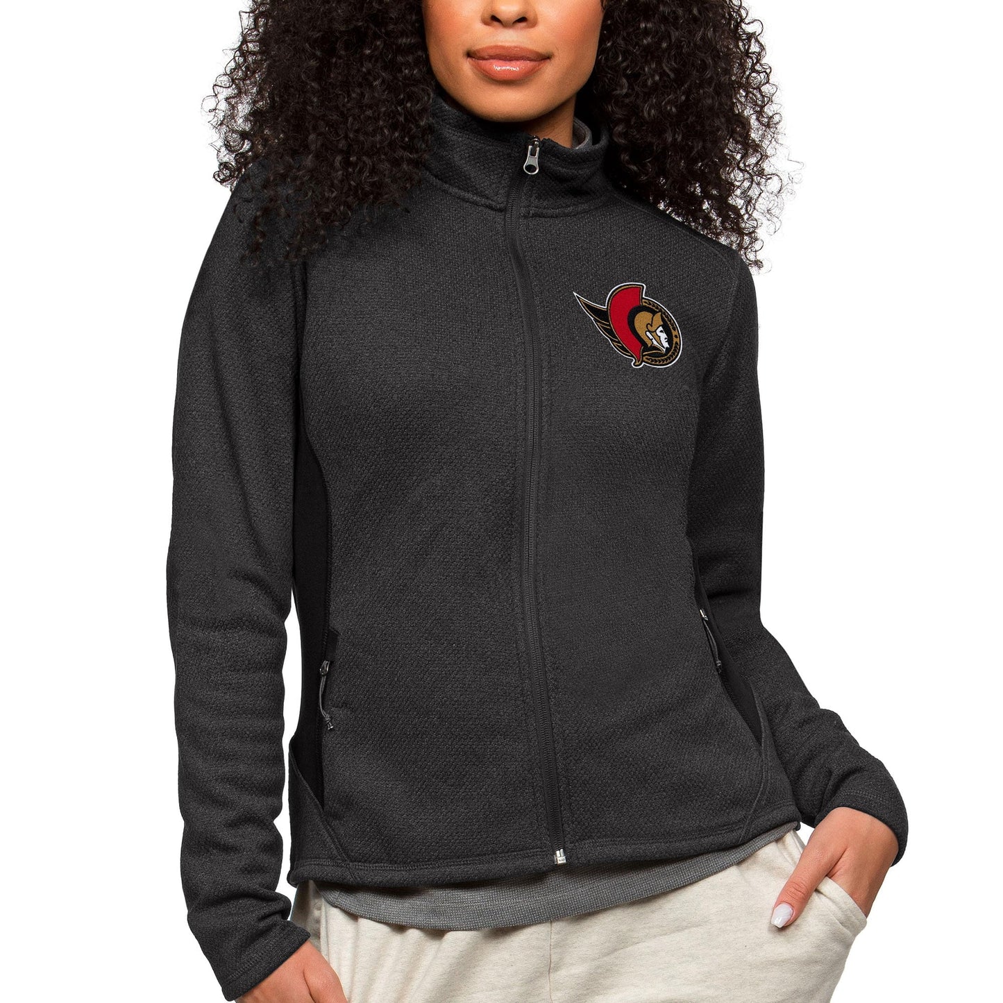 Women's Antigua Heather Black Ottawa Senators Primary Logo Course Full-Zip Jacket
