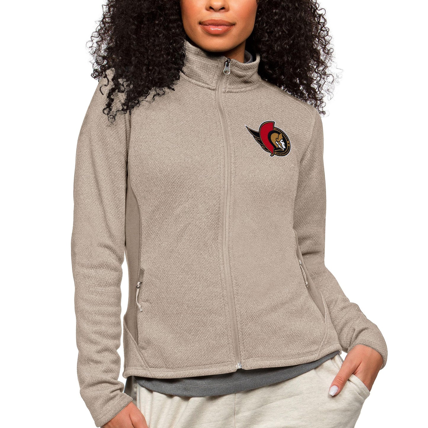 Women's Antigua Oatmeal Ottawa Senators Primary Logo Course Full-Zip Jacket